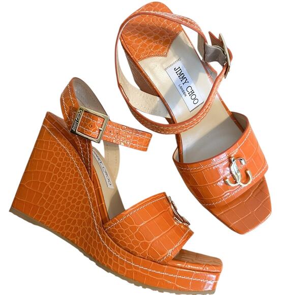 Jimmy Choo Croc Embossed Orange Leather Logo Wedge Sandals 40 - Picture 1 of 10